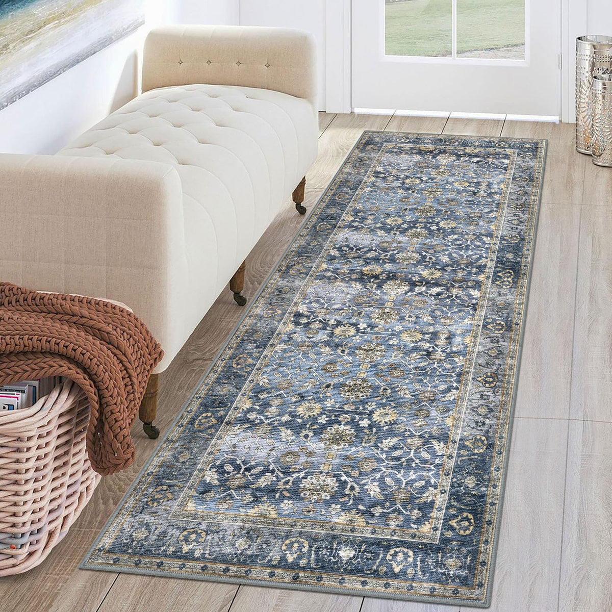 KUTA Vintage washable runner rug main shot highlights non-slip backing for safe hallways