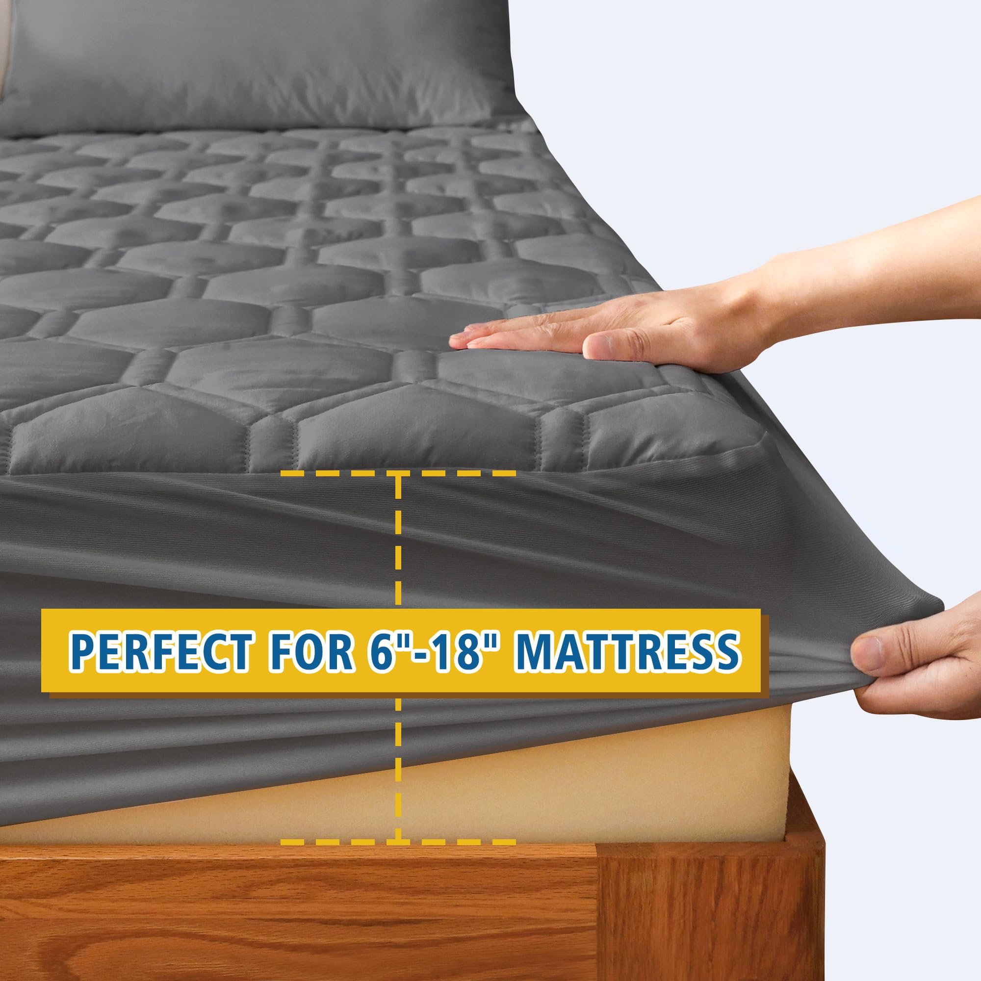 KUTUU deep-pocket fit secures the pad on 6–18 inch mattresses.