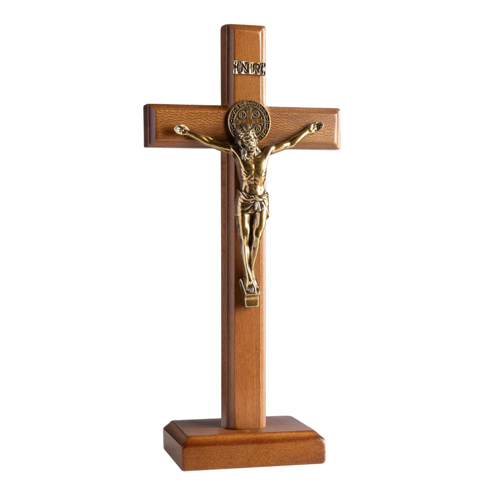 KUXBET crucifix cross with wooden stand for wall or tabletop display.