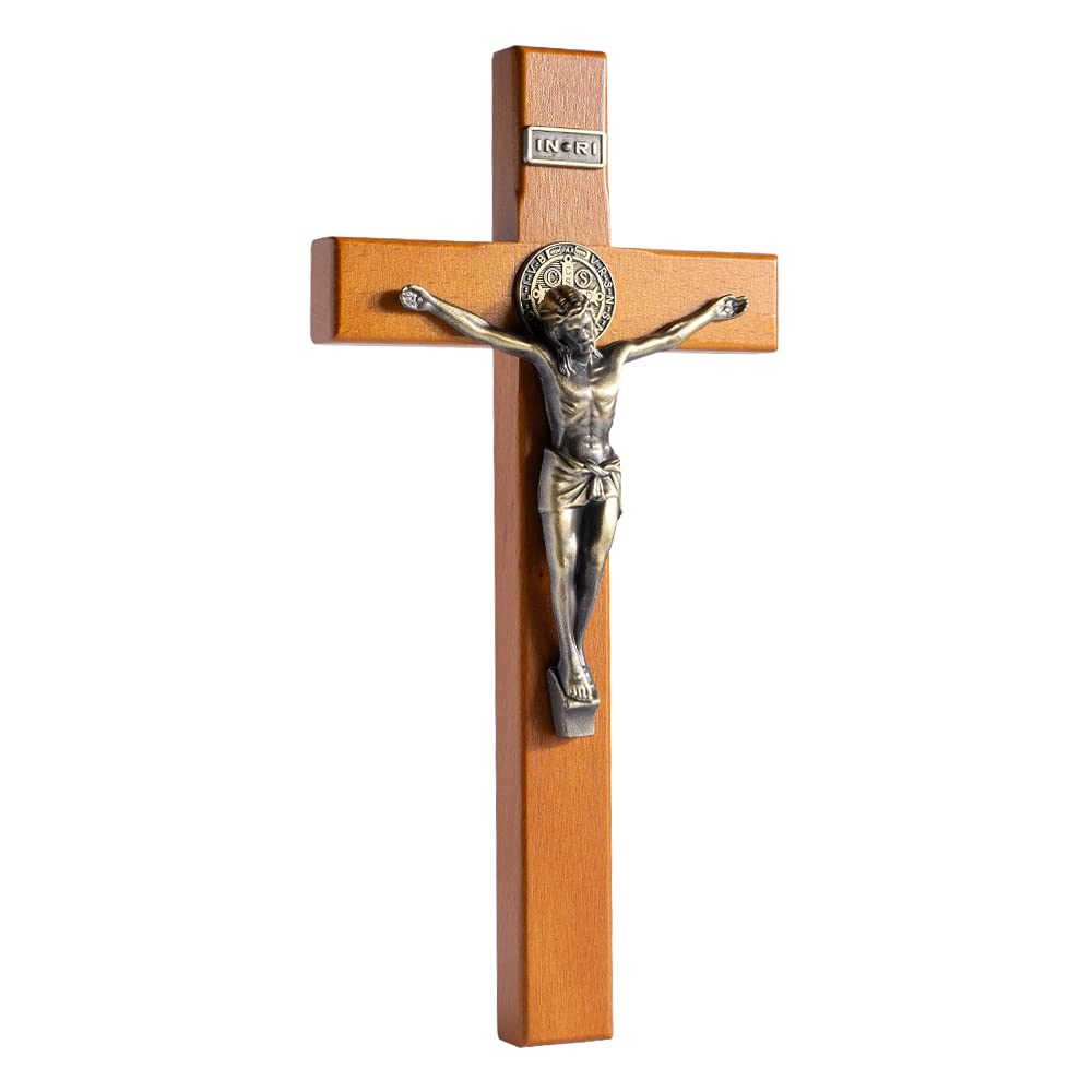 KUXBET Golden Oak 10-inch crucifix wall cross adds timeless elegance to living spaces.