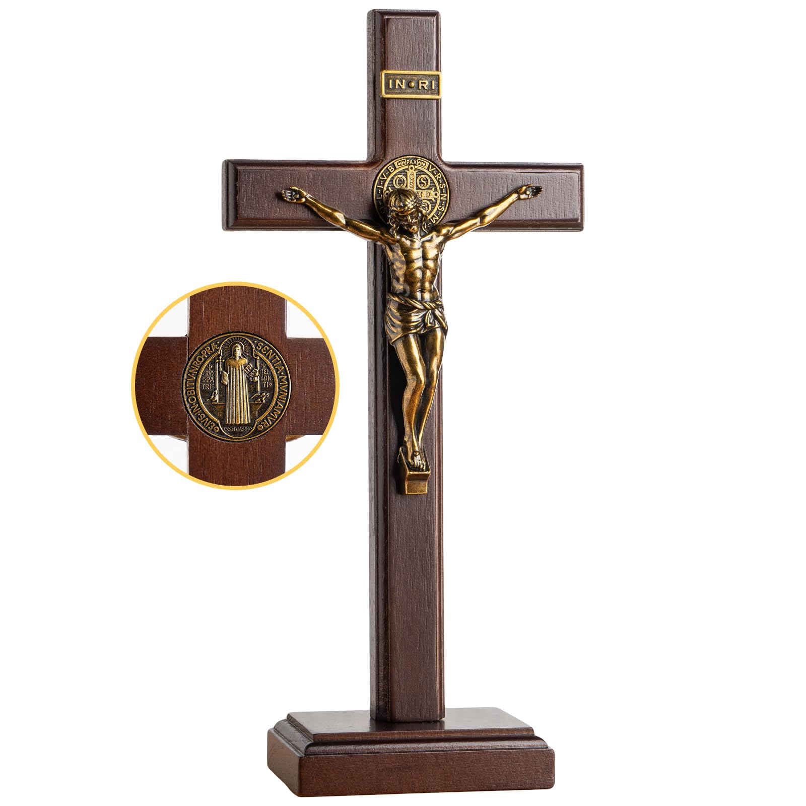 KUXBET wooden crucifix cross with detachable stand for wall or shelf display