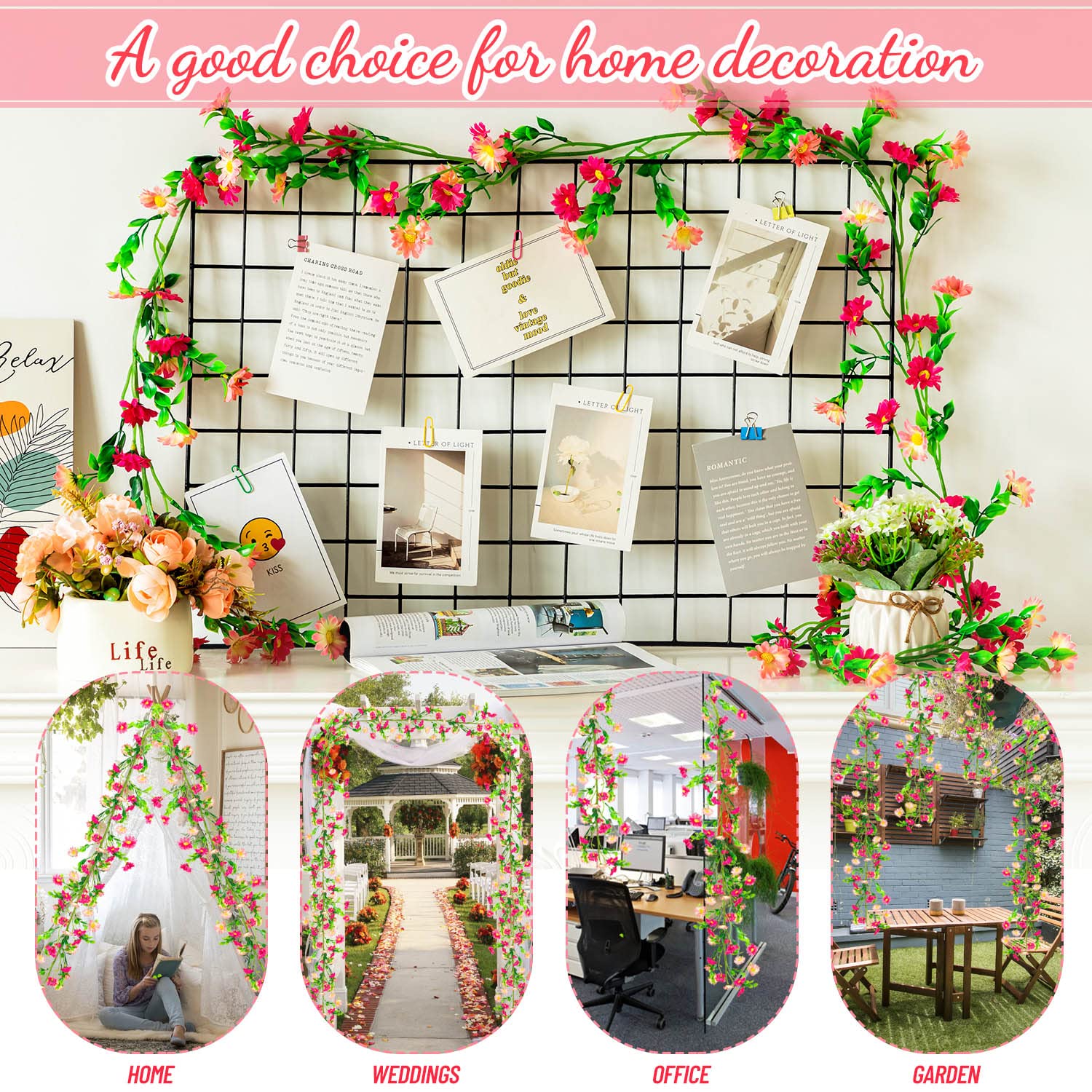 KVCSYAW daisy garland totals 27.2 ft and can be trimmed to fit spaces.