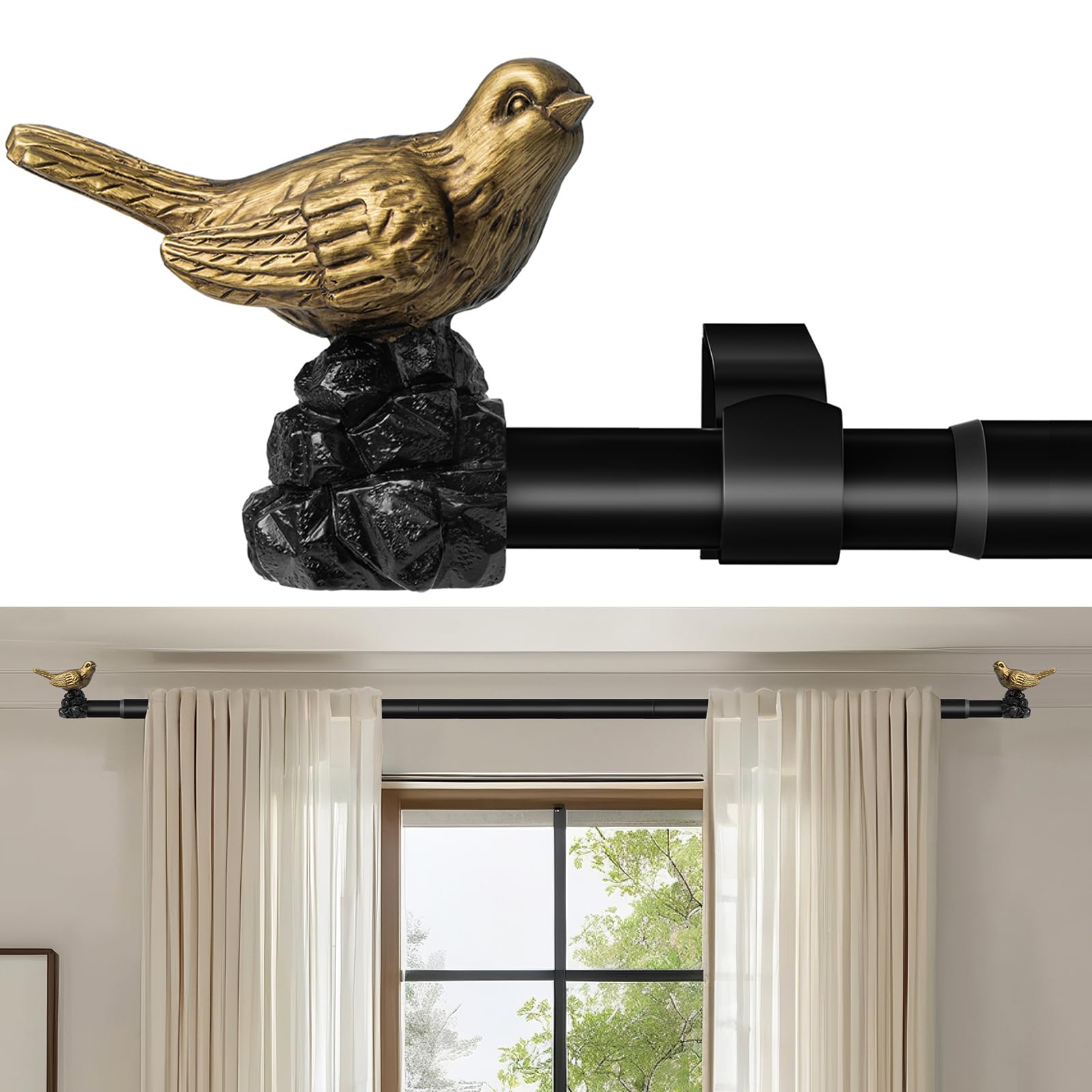KVEEO Vintage Gold Curtain Rod 36-72 inches with bird finials, sturdy and stylish for windows