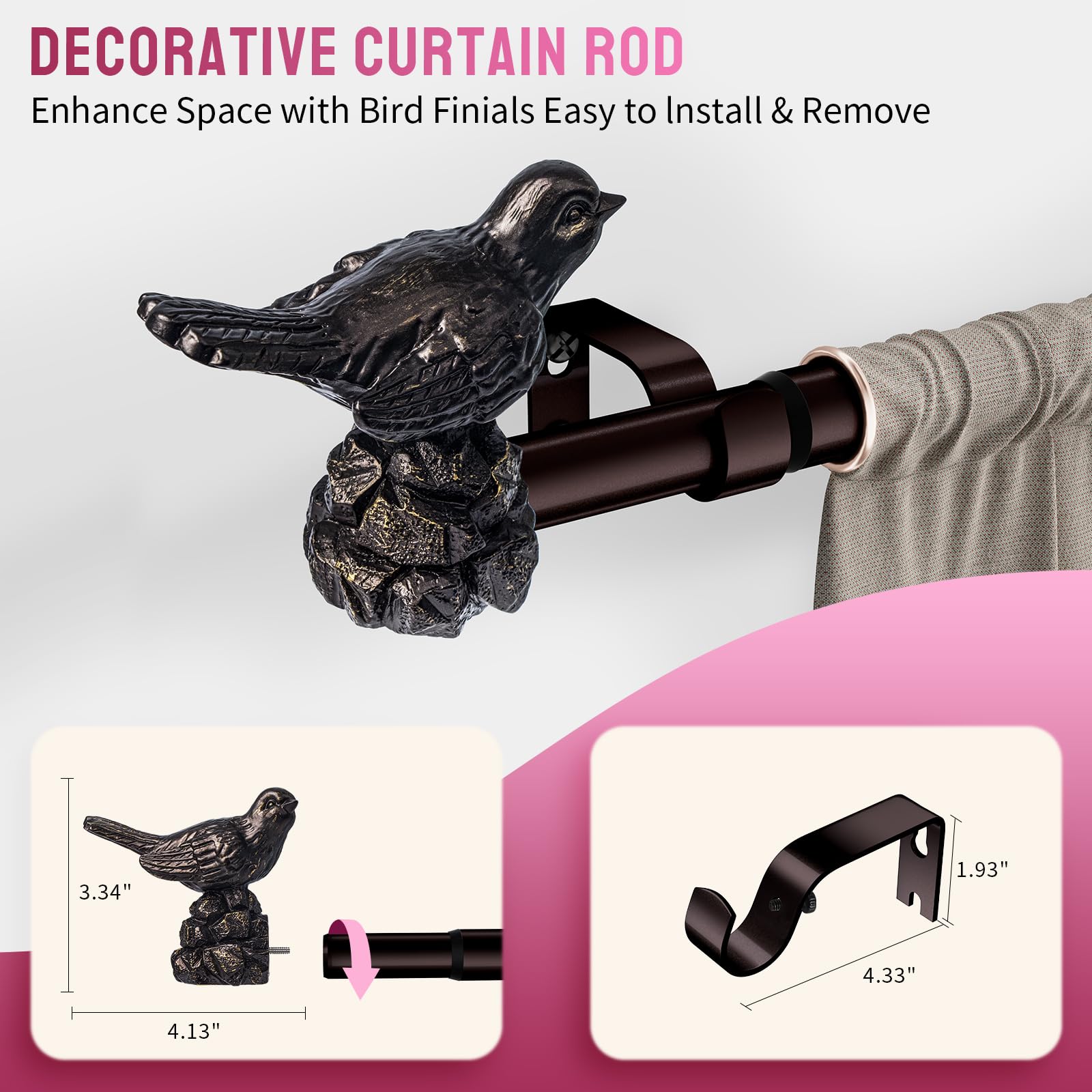 KVEEO curtain rod with bronze bird finials, closed for compact display.
