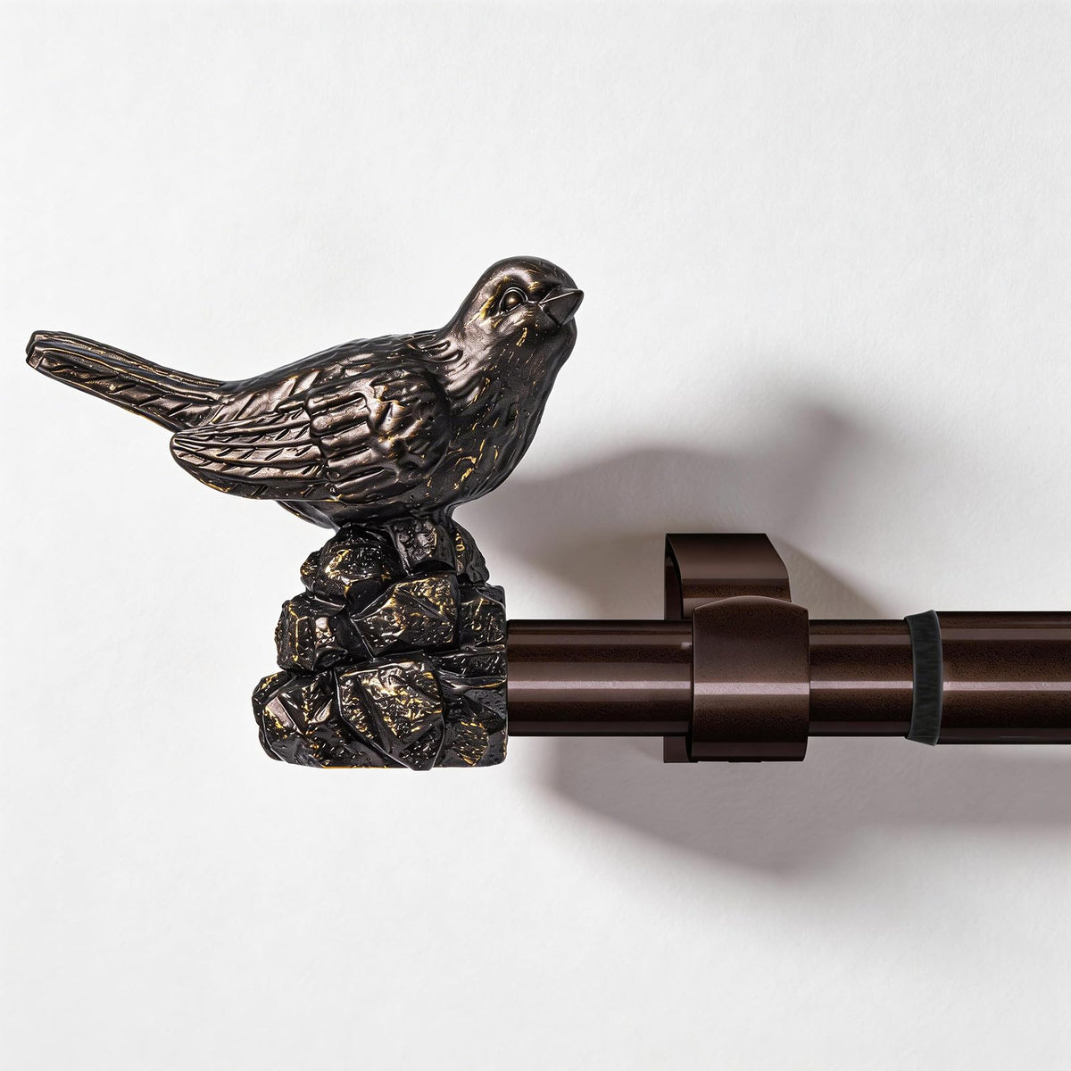 KVEEO curtain rod with bronze bird finials, extended for 18–45-inch wide windows.