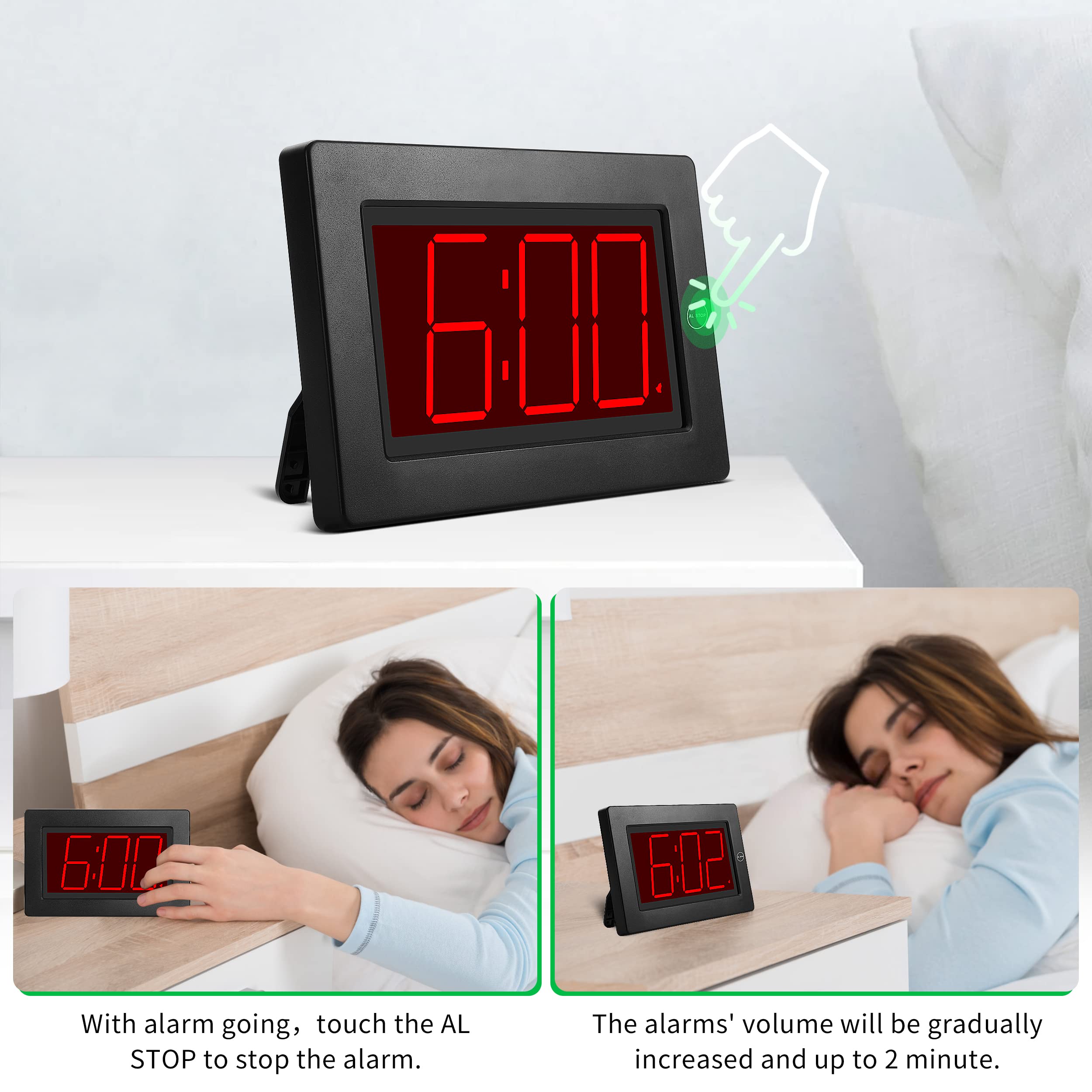 Gentle wake-up alarm with gradual volume for a comfortable start to the day.