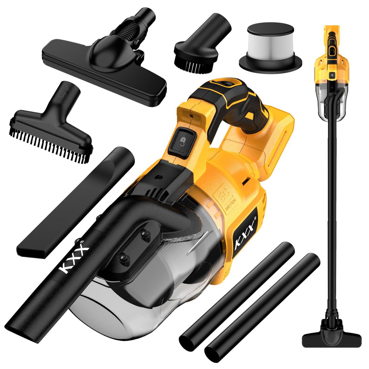 KXX cordless vacuum shows DeWalt battery compatibility for easy power on the go.