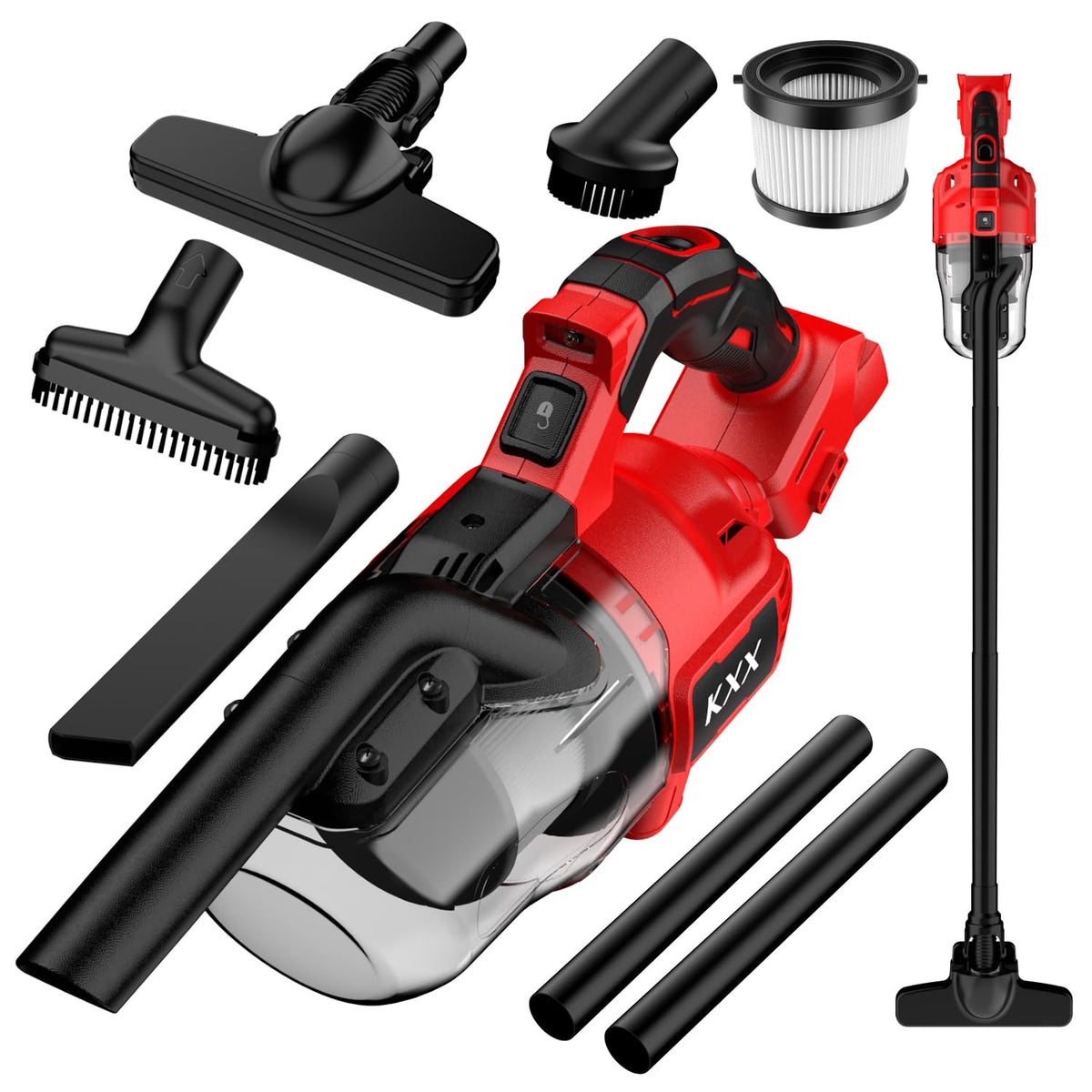 KXX cordless vacuum body powered by Milwaukee battery for powerful cleaning.