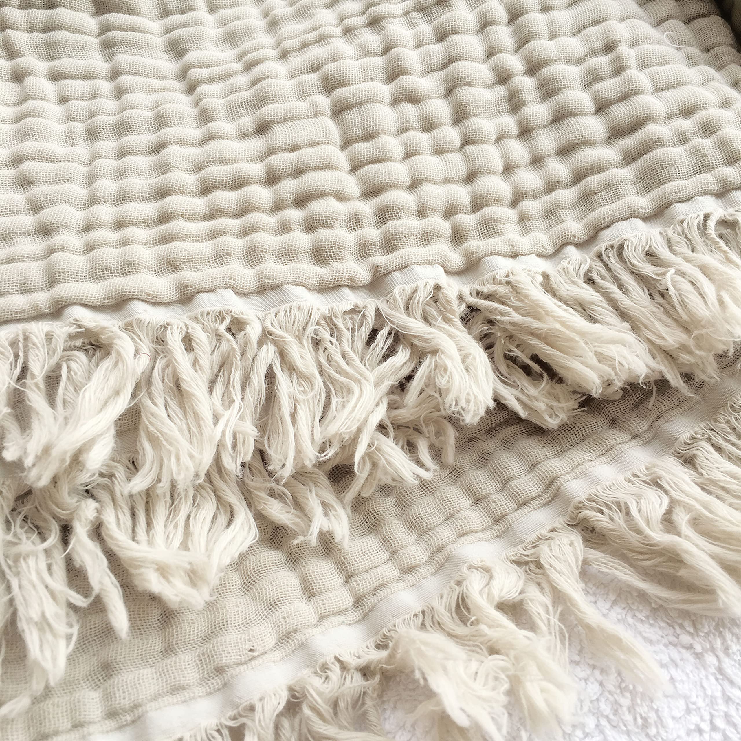 KyraHome muslin blanket folded in oatmeal khaki for cozy display.