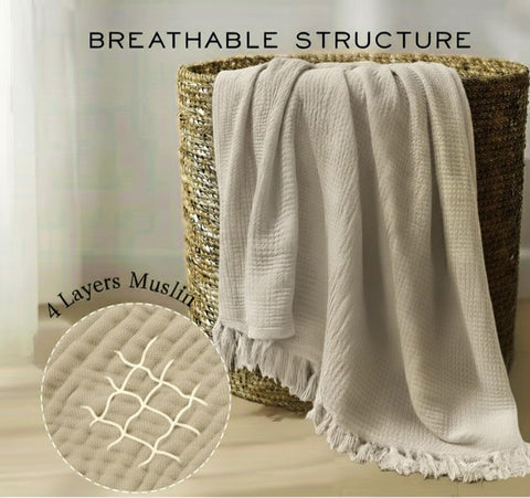KyraHome king-size muslin blanket drapes over a large bed.