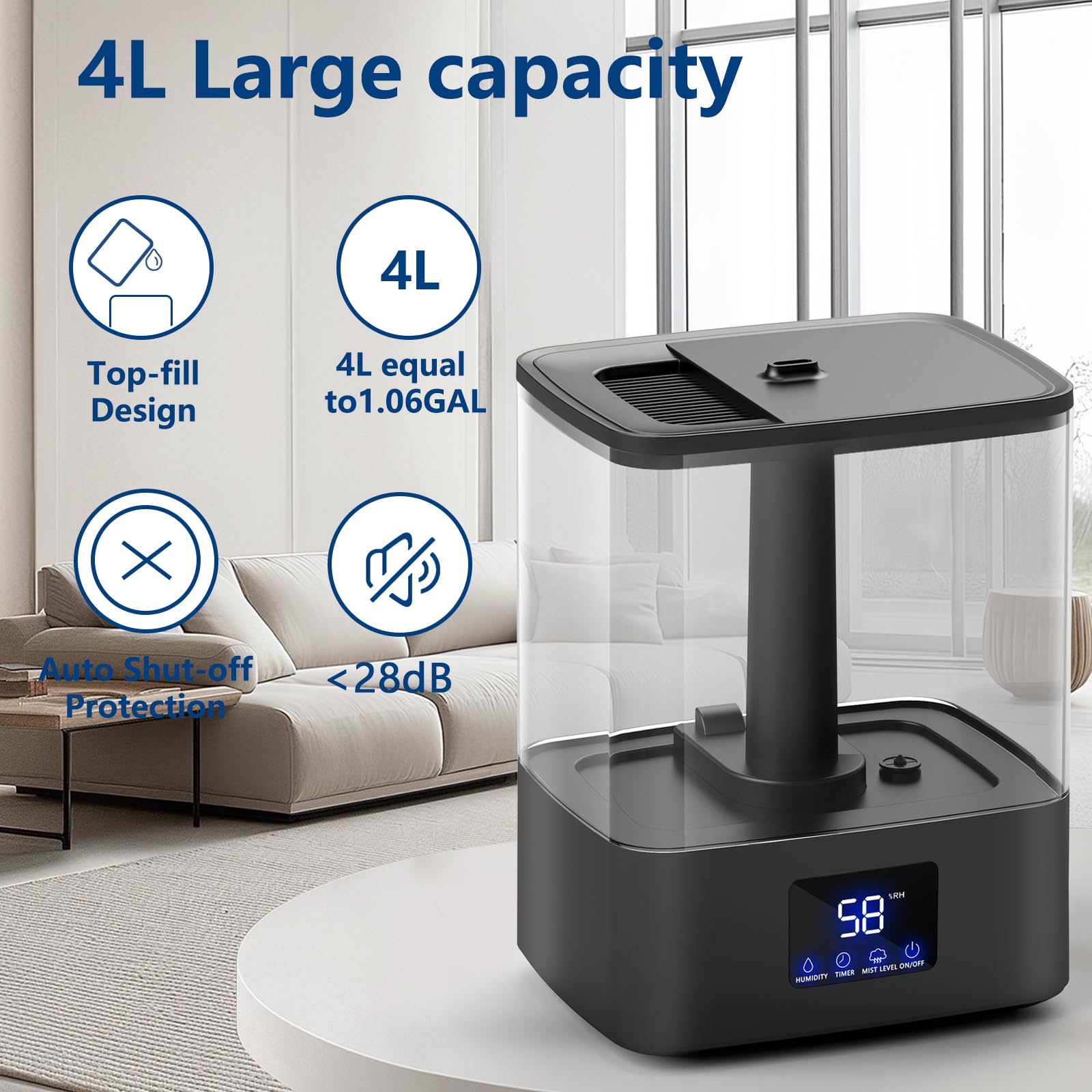 KZF 4L bedroom humidifier placed in a cozy room for steady humidity.