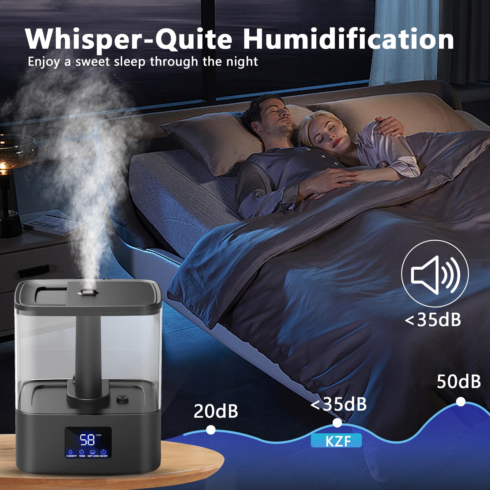 KZF humidifier runs quietly, ideal for bedrooms and nurseries.