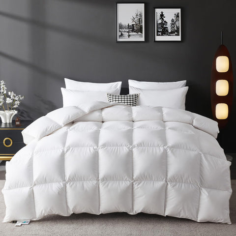 L LOVSOUL Organic 75% Down Fiber Comforter King shows plush fullness for cozy warmth.