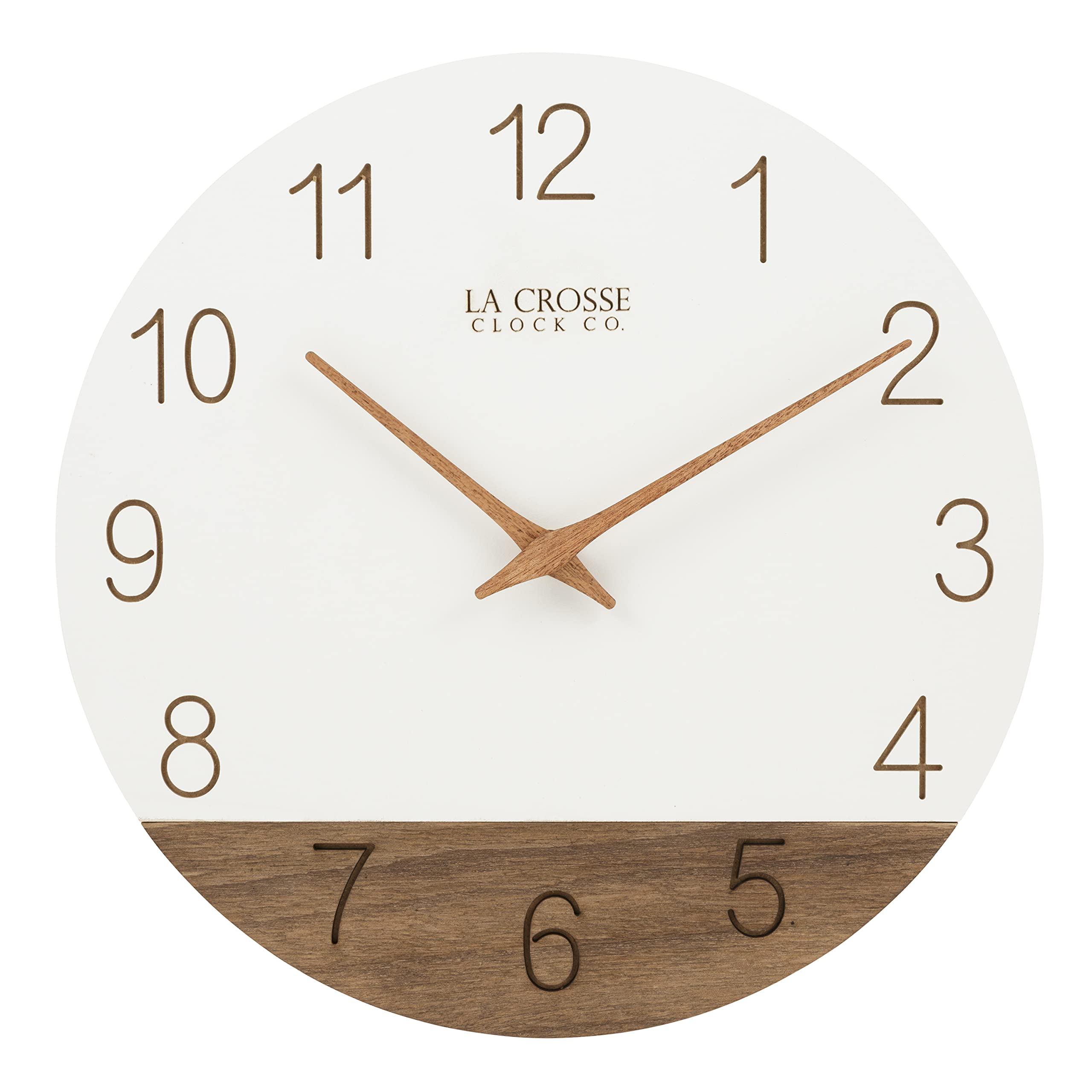 La Crosse 404-3630B Sierra wood clock face close-up highlighting laser-cut numbers for easy readability.