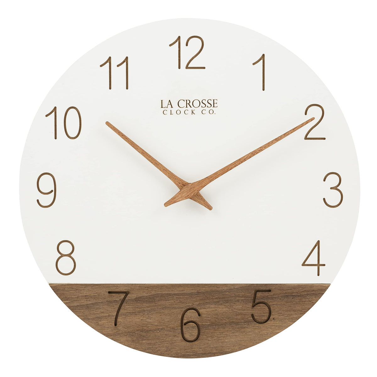 La Crosse 404-3630B Sierra wood clock face close-up highlighting laser-cut numbers for easy readability.