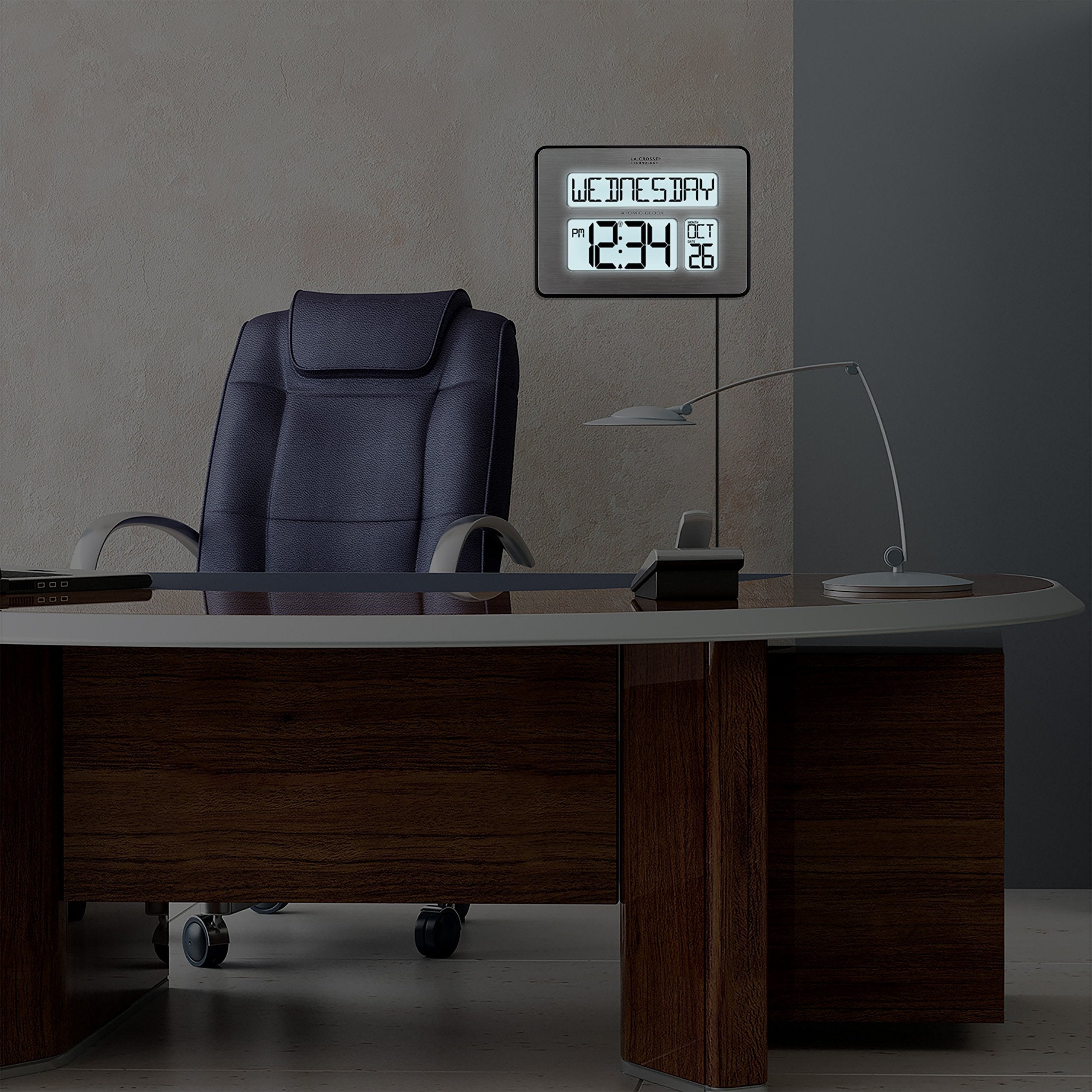 La Crosse clock shown on wall or table stand setup