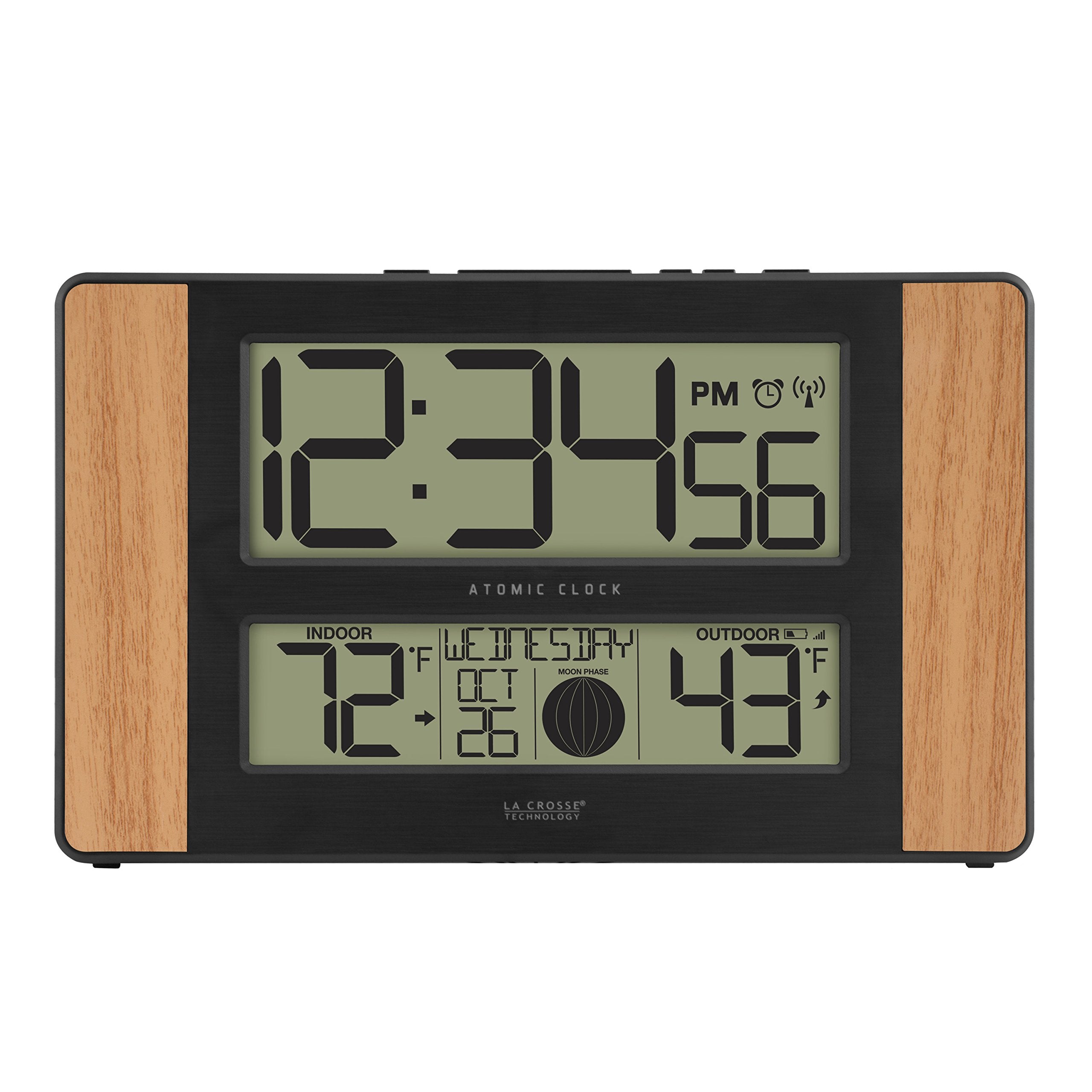 La Crosse Technology atomic clock in wood oak front view with easy-to-read digits