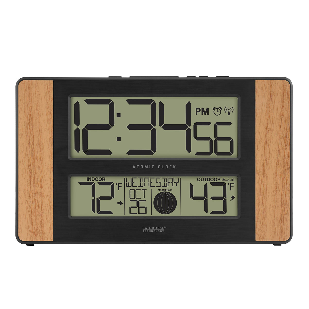 La Crosse Technology atomic clock in wood oak front view with easy-to-read digits