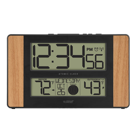 La Crosse Technology atomic clock in wood oak front view with easy-to-read digits