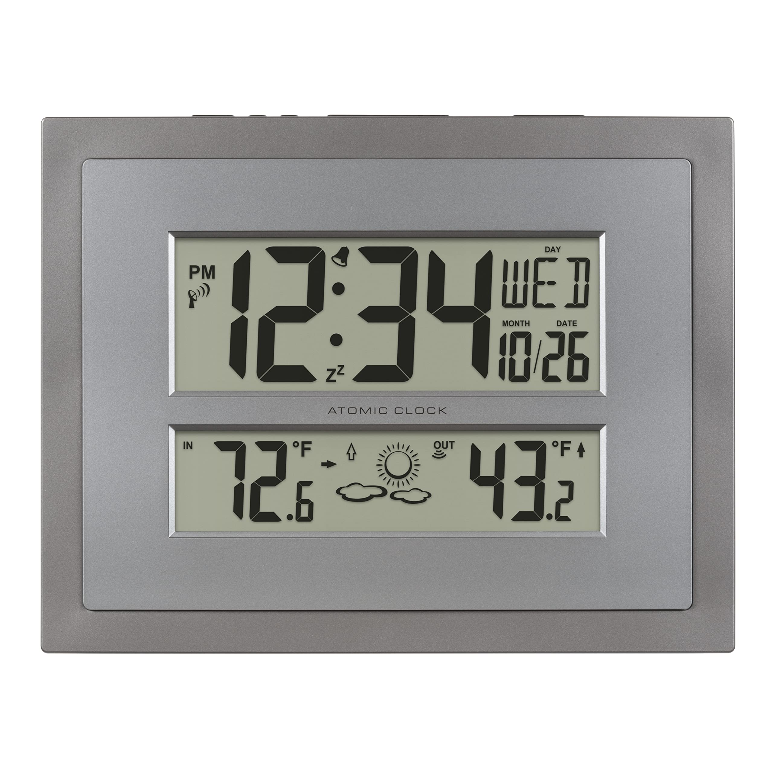 La Crosse Atomic Digital Clock with gray frame, precise time for punctual schedules.