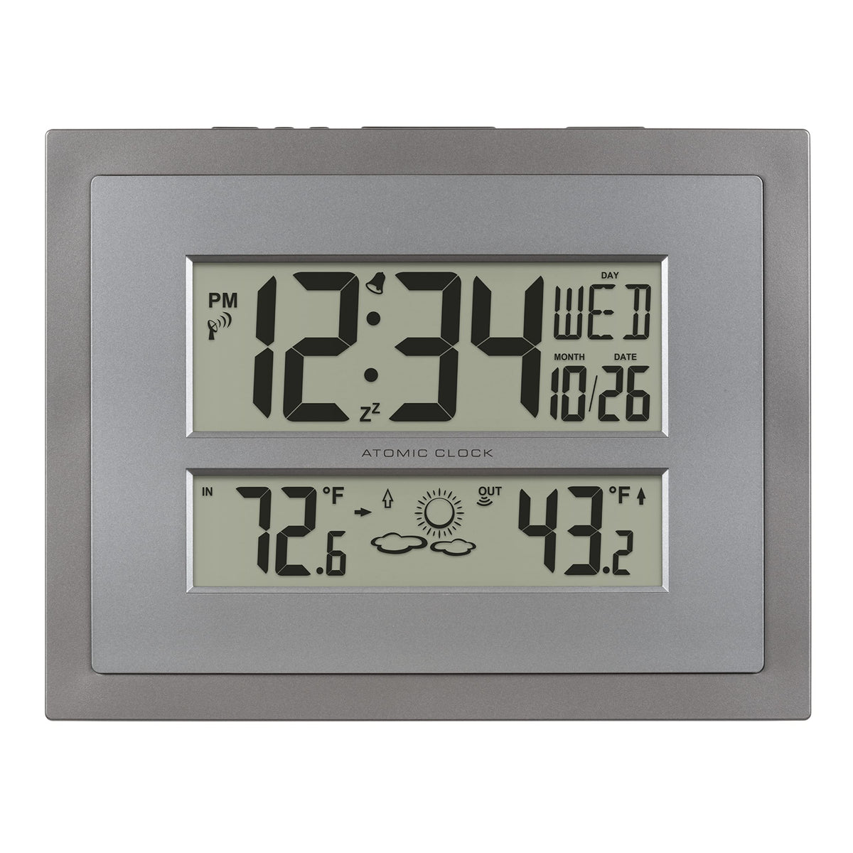 La Crosse Atomic Digital Clock with gray frame, precise time for punctual schedules.