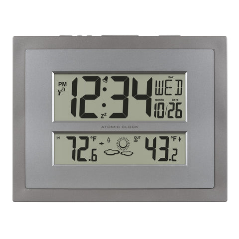 La Crosse Atomic Digital Clock with gray frame, precise time for punctual schedules.