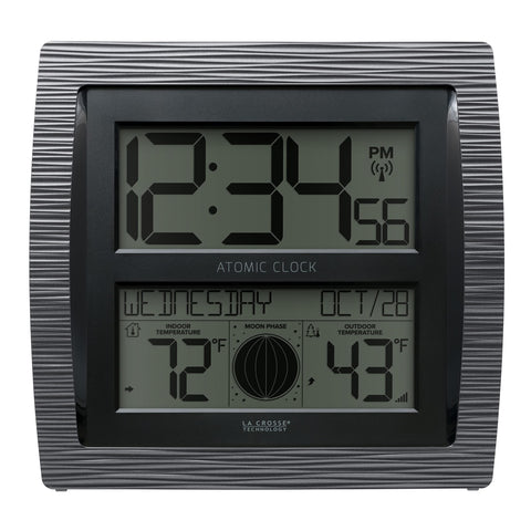 La Crosse Technology BBB86118-INT curved atomic clock front view for quick time reading.