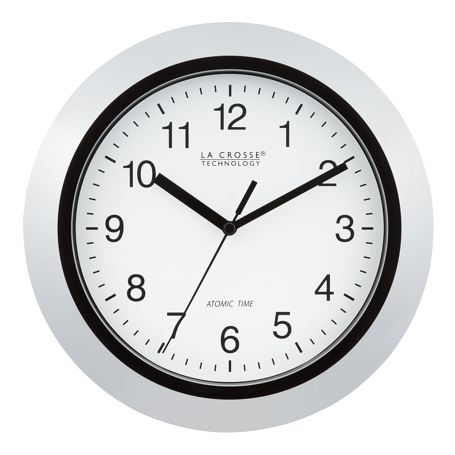 La Crosse WT-3102S atomic clock front view with silver frame, highlighting precise time.