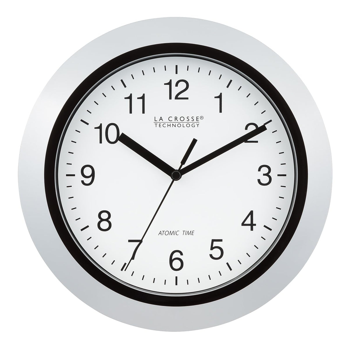 La Crosse WT-3102S atomic clock front view with silver frame, highlighting precise time.