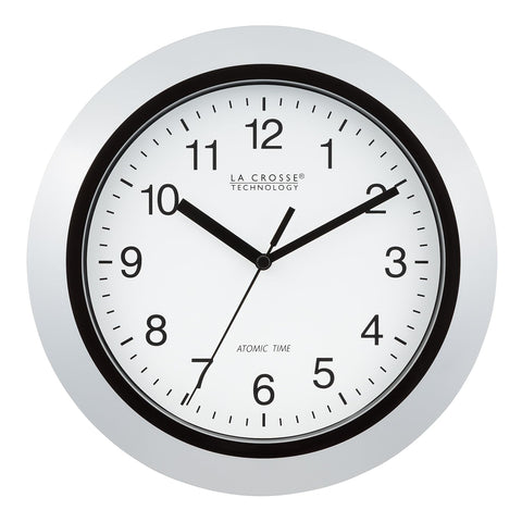 La Crosse WT-3102S atomic clock front view with silver frame, highlighting precise time.