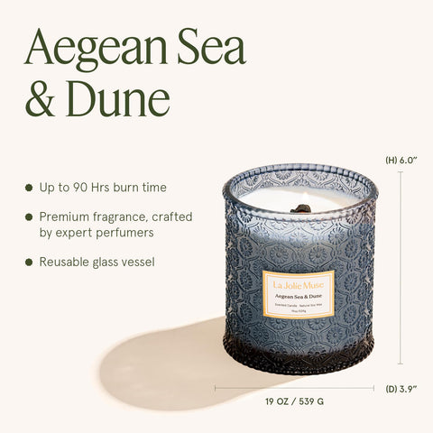 La Jolie Muse Aegean Sea & Dune candle jar demonstrates recyclable glass and clean burn