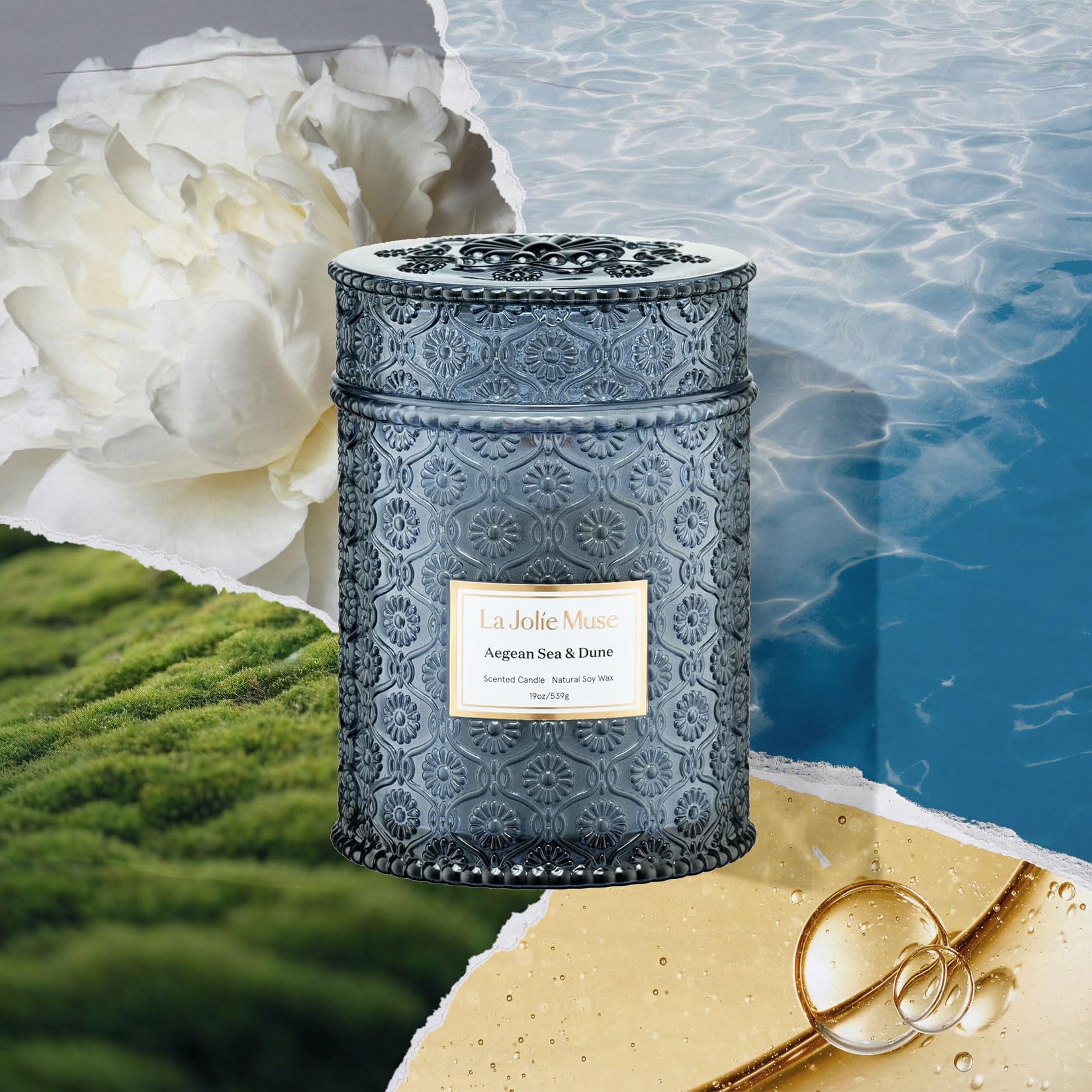La Jolie Muse Aegean Sea & Dune candle melt pool highlights even fragrance dispersion