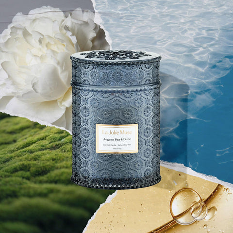 La Jolie Muse Aegean Sea & Dune candle melt pool highlights even fragrance dispersion