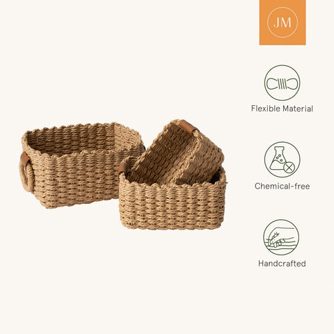 La Jolie Muse baskets trio on shelf for versatile organization.