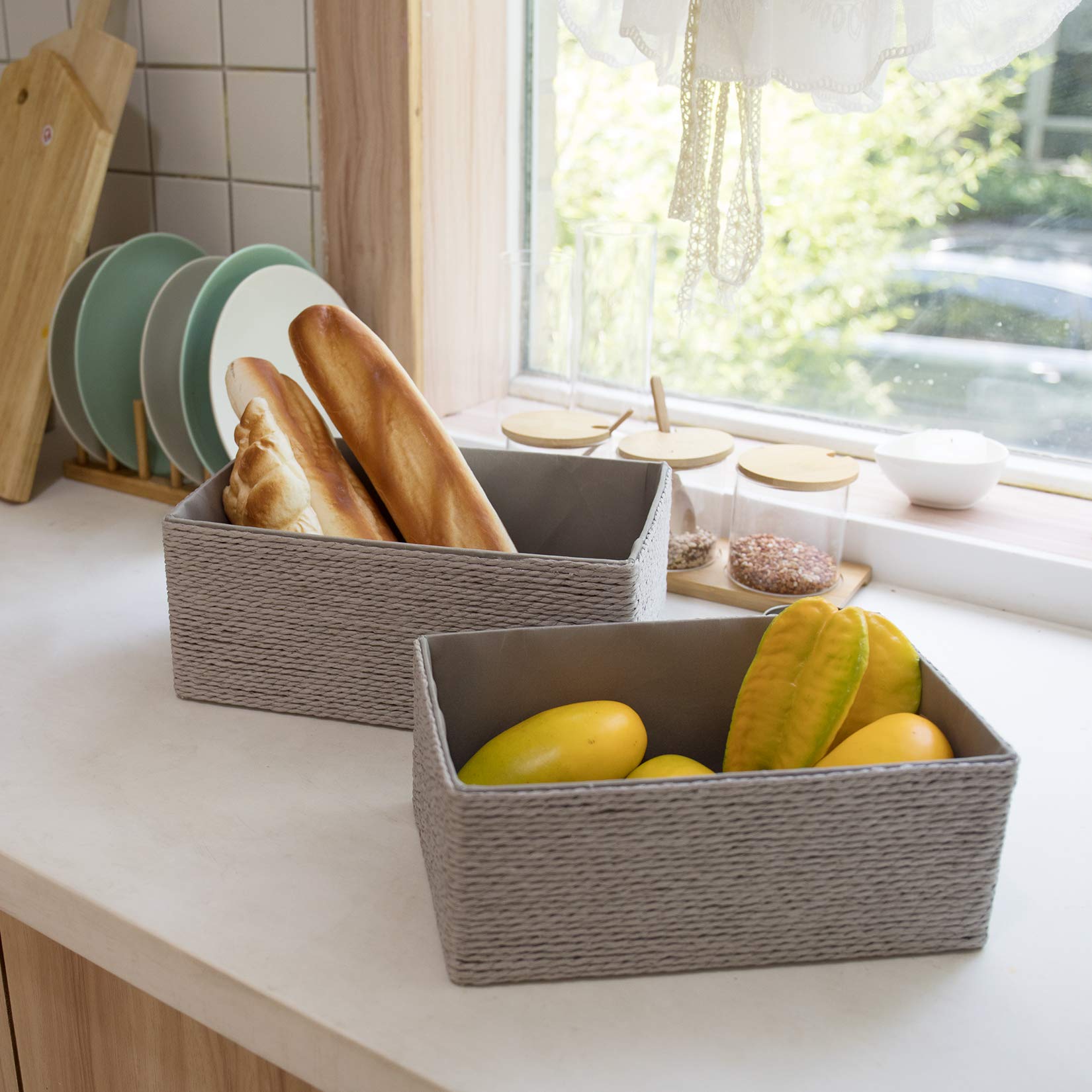 LA JOLIE MUSE bathroom shelf basket complements decor while storing spa products.