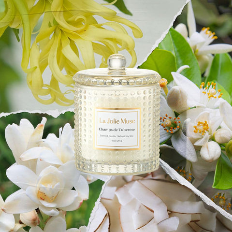 LA JOLIE MUSE Champs de Tuberose close-up on frosted jar boosts ambience