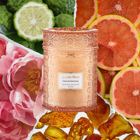 LA JOLIE MUSE Citrine & Pink Peony candle fragrance close-up highlighting balanced notes.