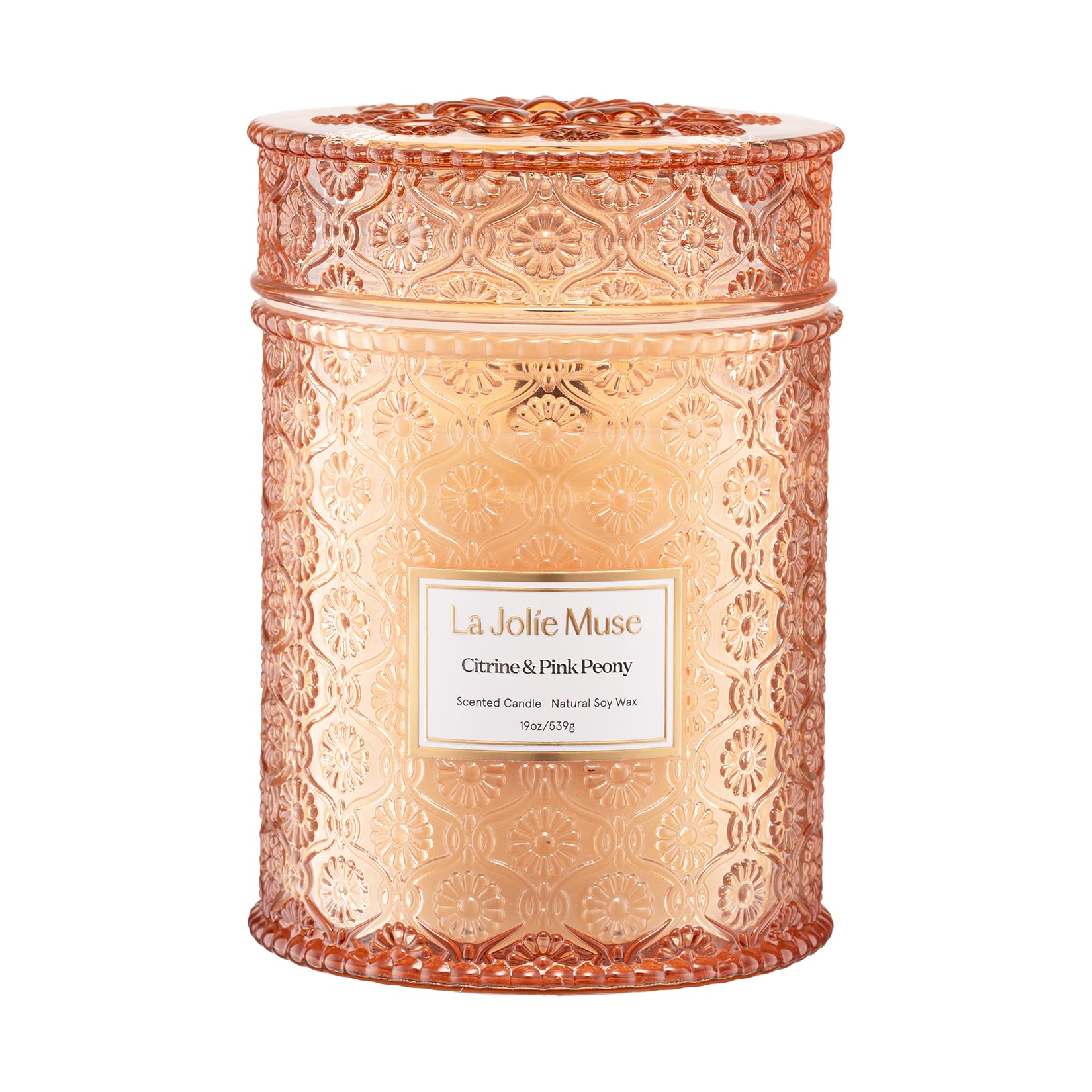 LA JOLIE MUSE Citrine & Pink Peony candle jar close-up for elegant ambiance.