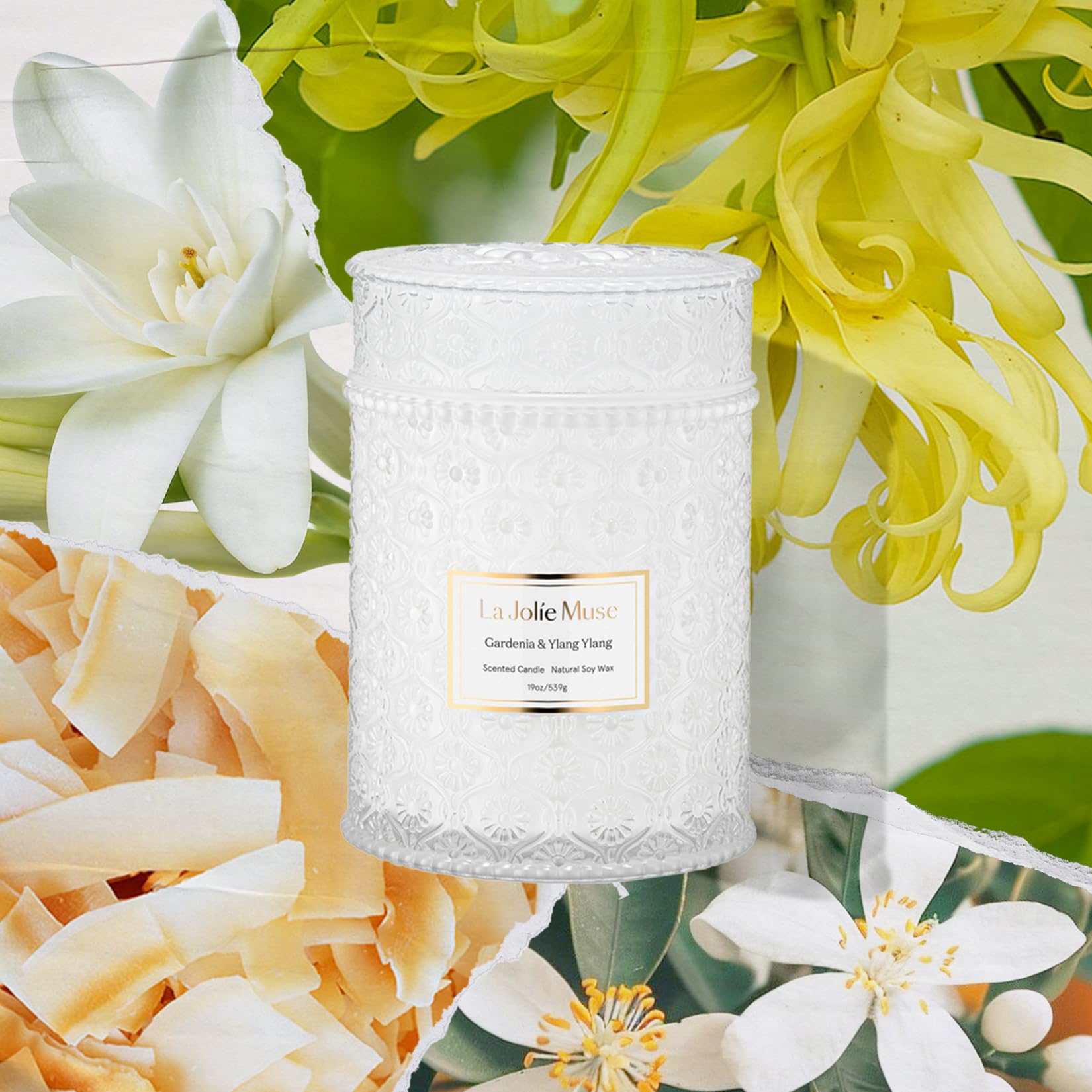 LA JOLIE MUSE embossed-daisy-jar highlights elegant branding for stylish table centerpieces.