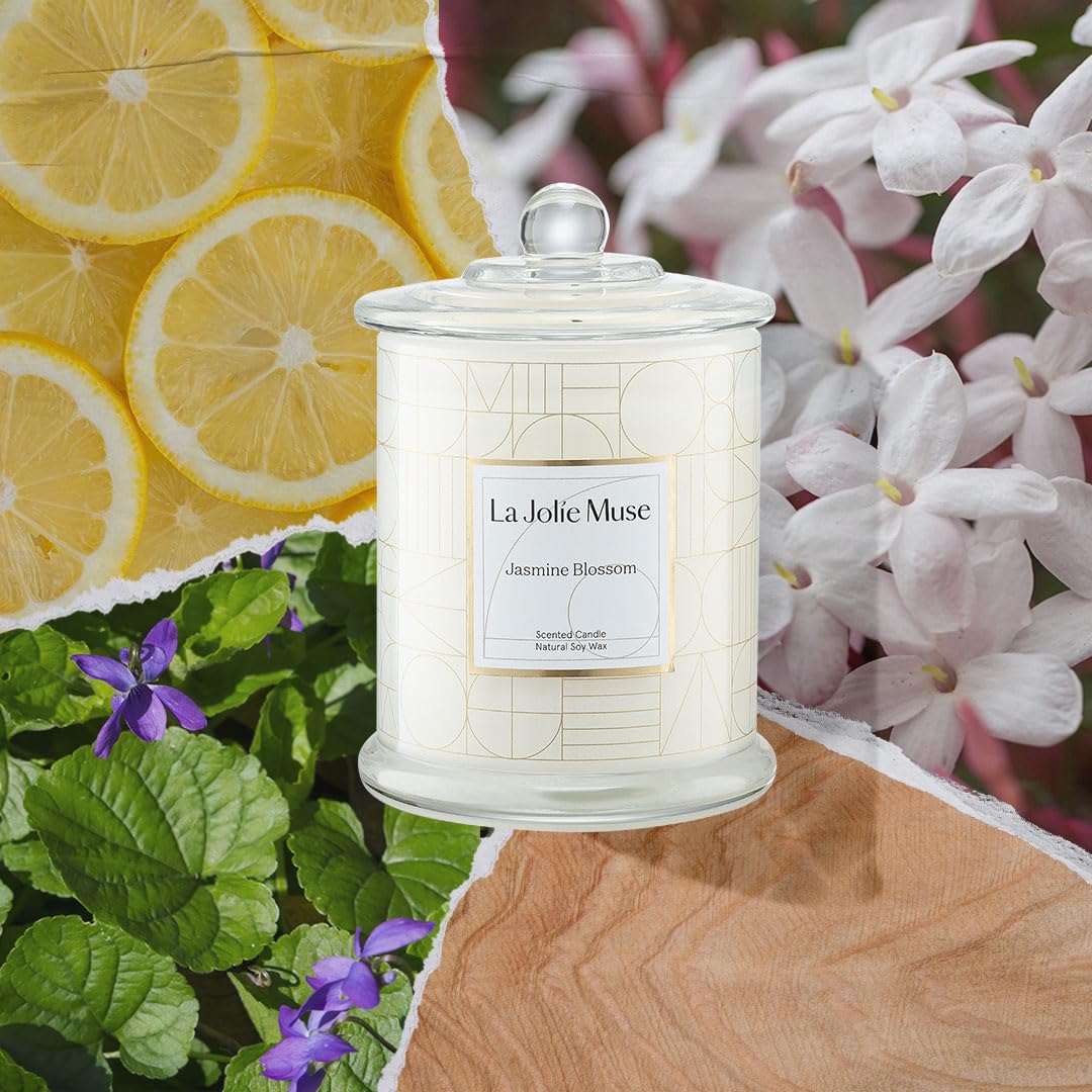 LA JOLIE MUSE Jasmine Candle in glass jar adds a luxe decorative touch
