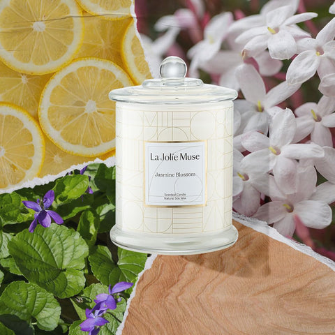 LA JOLIE MUSE Jasmine Candle in glass jar adds a luxe decorative touch