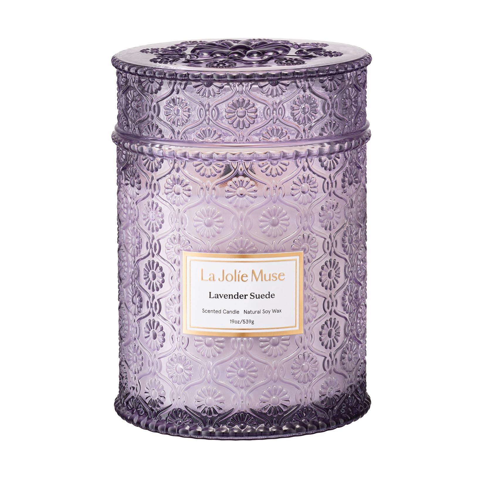 LA JOLIE MUSE Lavender Suede candle front label with long-lasting aroma