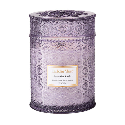 LA JOLIE MUSE Lavender Suede candle front label with long-lasting aroma