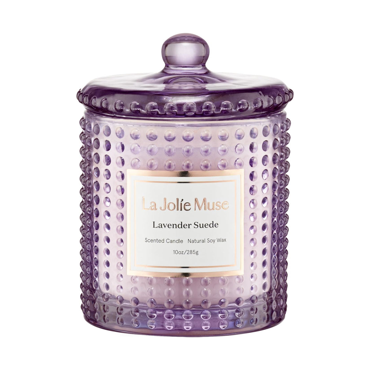 LA JOLIE MUSE Lavender Suede Candle in hobnail jar for calming ambience.
