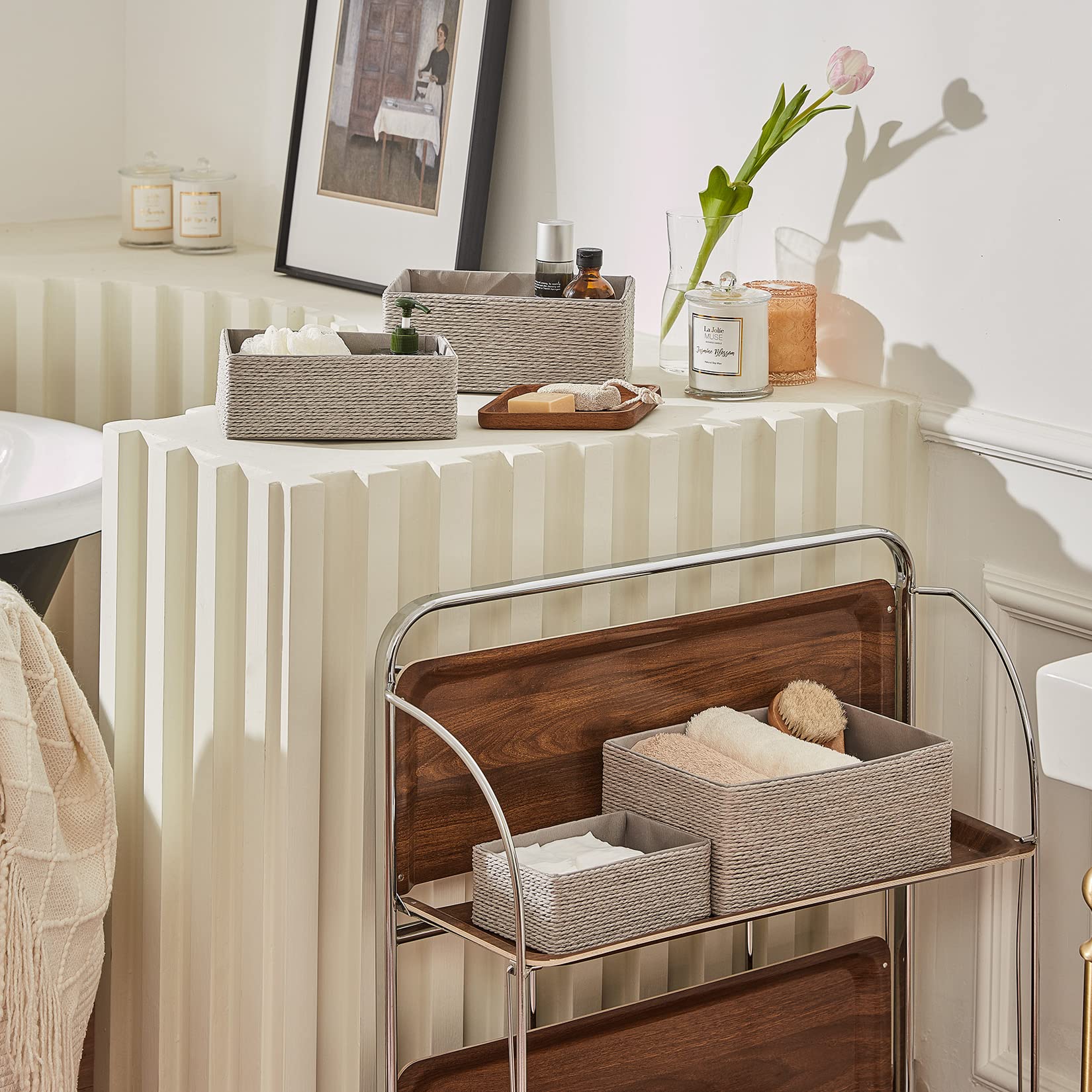 LA JOLIE MUSE makeup storage bin keeps cosmetics organized on a shelf.
