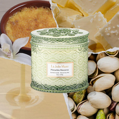 LA JOLIE MUSE Pistachio Macaron Candle daisy-embossed lid adds premium detail