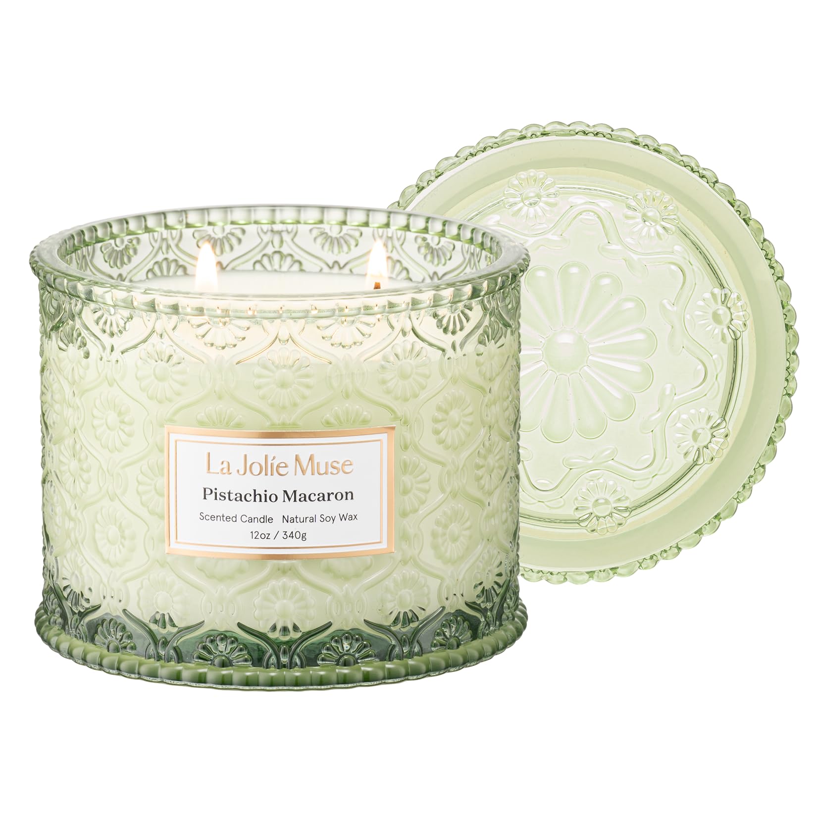 LA JOLIE MUSE Pistachio Macaron Candle jar shows a reusable glass vessel for décor
