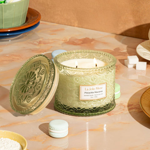 LA JOLIE MUSE Pistachio Macaron Candle wax pool glows softly for ambiance