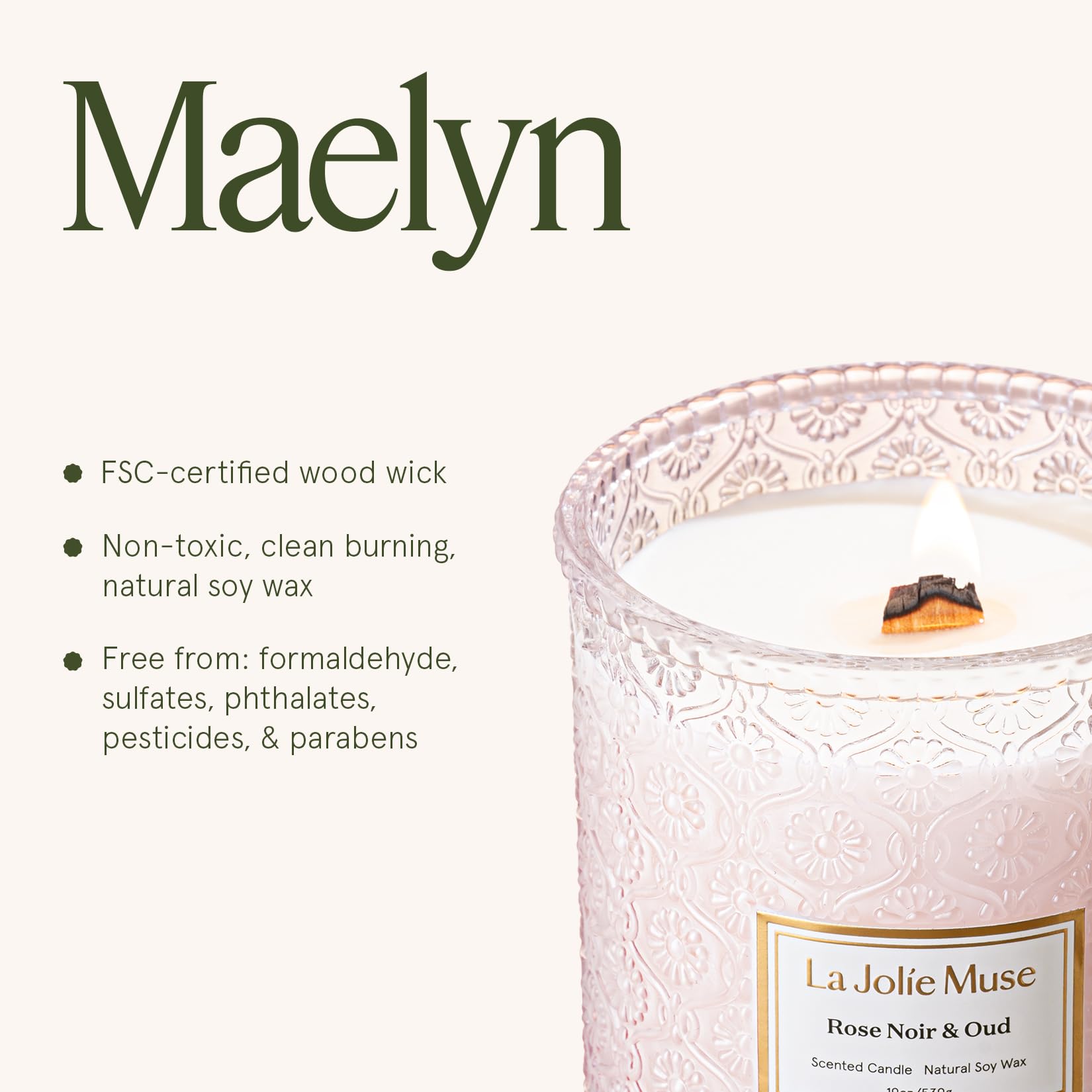 LA JOLIE MUSE Rose Noir & Oud glass jar creates romantic ambiance.