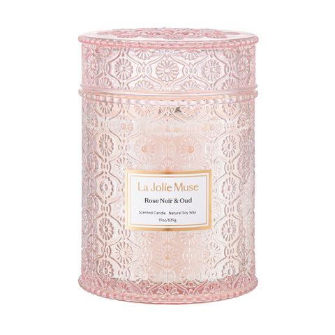 LA JOLIE MUSE Rose Noir & Oud candle jar front view for elegant décor.